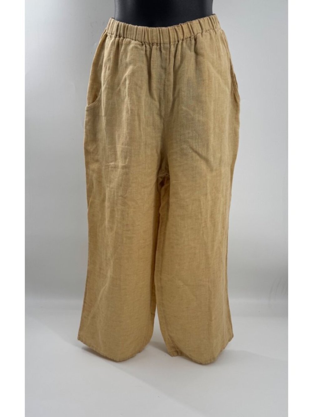Flax Petite 100% Linen Wide-Leg cropped  Pants Tan/yellow Elastic Waist Casual